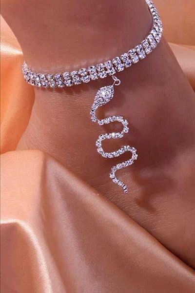 Furtek Aksesuar Women's Snake Figure Zircon Stone Foot Anklet Model Adjustable Anti-tarnish Chain Anklet