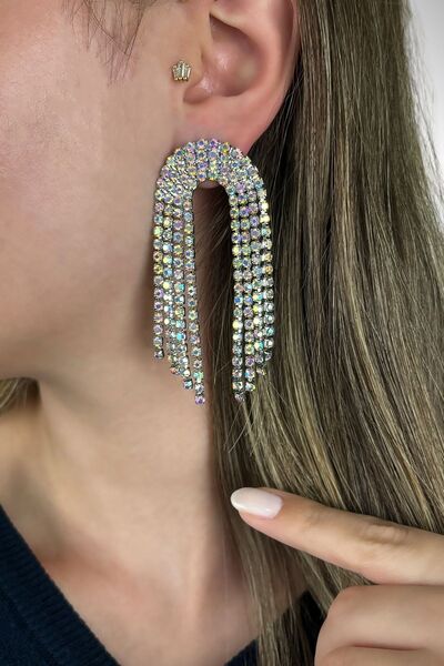 Furtek Aksesuar Kadın Vera Janjan Model Kristal Zirkon Taşlı Gümüş Kaplama Saçaklı Sallantılı Günlük Kombin Küpe