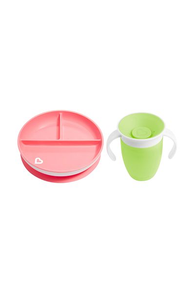 Munchkin Pack of 2 Fixed Vacuum Feeding Plates - 360 Training Cups 6 Months+ Pink&Green