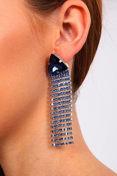 Furtek Aksesuar Women's Mirabella Blue Color Zircon Stone Fringed Hanging Model Diamond Evening Dress Daily Party Earrings