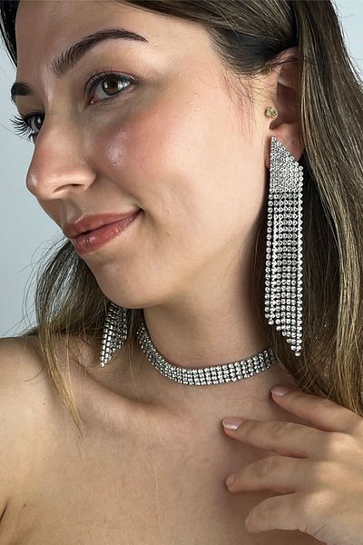 Furtek Aksesuar Women's Glo Model Stone Silver Diamond Water Path Necklace Earrings Evening Dress Wedding Engagement Henna Promise Bridal Jewelry Set
