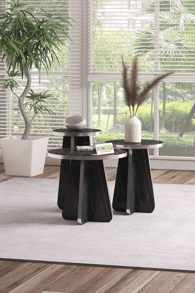 MİRACLE 3D Mantar 3'lü Zigon Sehpa Siyah Mermer Gümüş