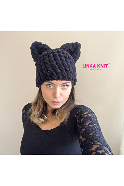 linka Kedi kulaklı El Yapımı Puffy Bere, Siyah Kedi Bere, Kışlık Kadın Bere