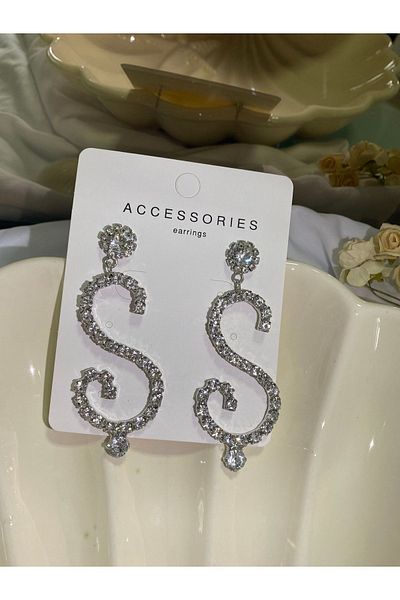 Furtek Aksesuar Women's Letter Model Zircon Jewelled Dangle Diamond Silver Evening Dress Wedding Promise Henna Party Prom Earrings