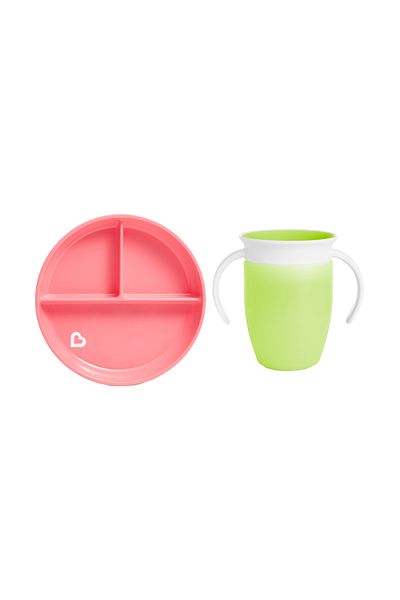 Munchkin Pack of 2 Fixed Vacuum Feeding Plates - 360 Training Cups 6 Months+ Pink&Green
