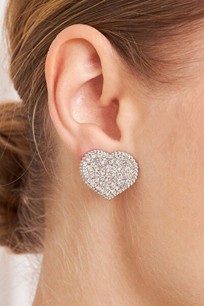 Furtek Aksesuar Kadın Aretes Kalp Figür Model Kristal Zirkon Taşlı Gümüş Kaplama Sıkıştırmalı Günlük Kombin Küpe