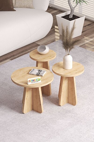 MİRACLE 3D Mantar 3'lü Zigon Sehpa Safir Meşe