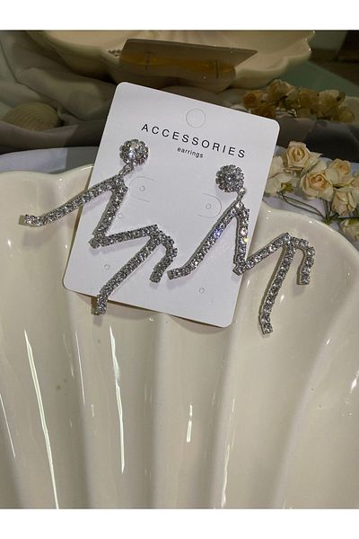 Furtek Aksesuar Women's M Letter Model Zircon Jewelled Dangle Diamond Silver Evening Dress Wedding Promise Henna Party Prom Earrings