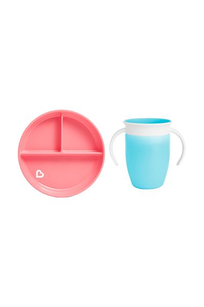 Munchkin Pack of 2 Fixed Vacuum Feeding Plates and 360 Training Cups - Pink&Blue
