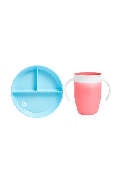 Munchkin Pack of 2 Fixed Vacuum Feeding Plates and 360 Training Cups - 6 Months+ Blue&Pink