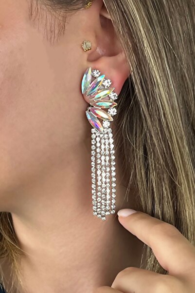 Furtek Aksesuar Kadın Janjan Renk Sıkıştırmalı Sallantılı Saçaklı Taşlı Model Gümüş Kaplama Abiye Elbise Kombin Küpe