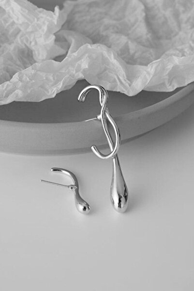 Dora Accessories Damla Şeklinde Iki Kulak Farklı Rodyum Renk Küpe