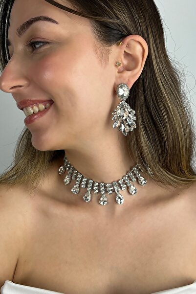 Furtek Aksesuar Kadın Fulmine Model Kristal Zirkon Taşlı Gümüş Kaplama Kolye + Küpe Günlük Stil Kombin Takı Seti