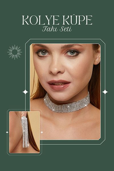 Furtek Aksesuar Women's Dia Model Stone Silver Diamond Water Path Necklace Earrings Evening Dress Wedding Engagement Henna Promise Party Jewelry Set