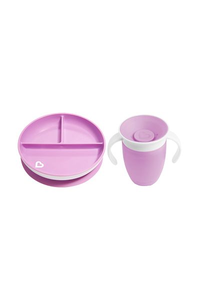 Munchkin Pack of 2 - Fixed Vacuum Feeding Plate and 360 Training Cups 6 Months+ Purple&Purple