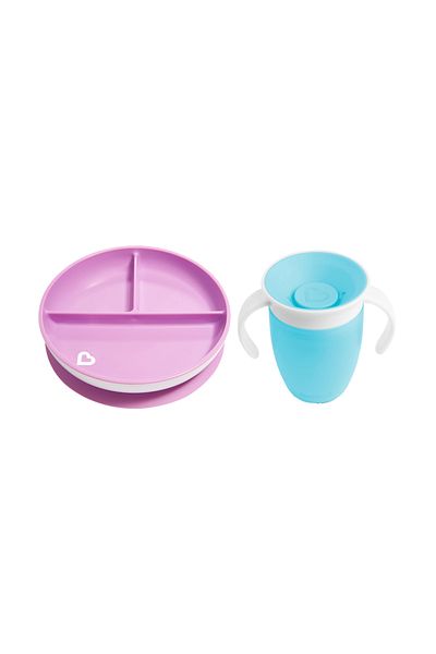 Munchkin Fixed Vacuum Feeding Plate - 360 Training Cups, 6 Months+ Blue&Purple 2 Pack