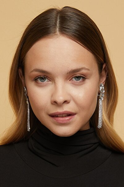 Furtek Aksesuar Kadın Sıkıştırmalı Sallantılı Saçaklı Taşlı Gümüş Model Pırlanta Abiye Nişan Düğün Söz Gelin Küpe