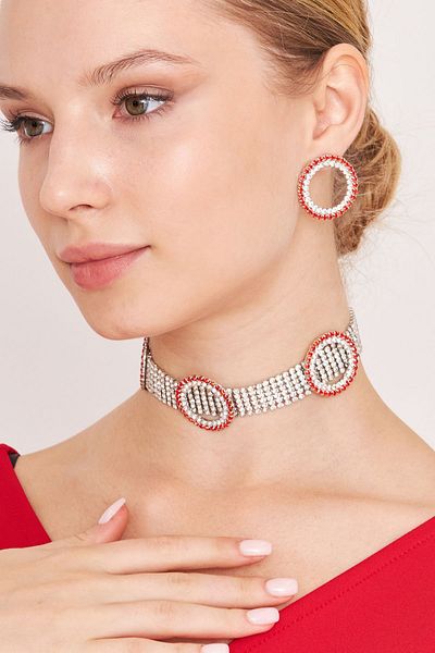 Furtek Aksesuar Women's Piedra Model Red Ring Necklace Earrings Zircon Stone Evening Dress Combination Daily Jewelry Set