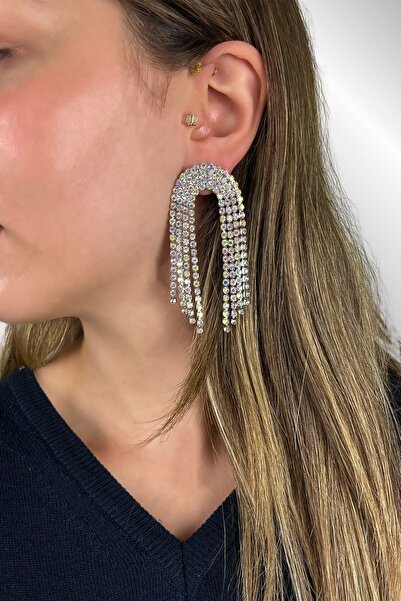 Furtek Aksesuar Kadın Vera Janjan Model Kristal Zirkon Taşlı Gümüş Kaplama Saçaklı Sallantılı Günlük Kombin Küpe