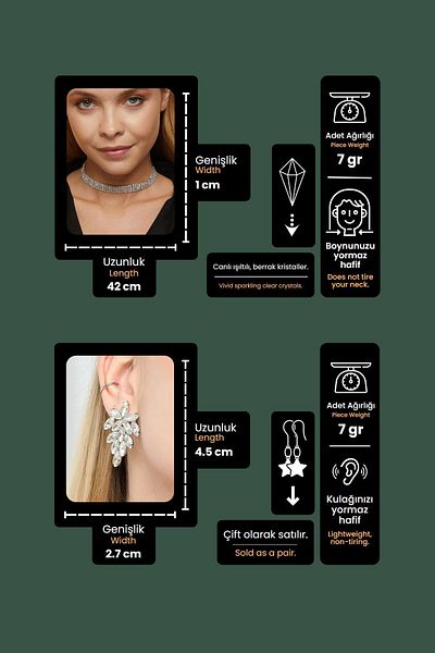Furtek Aksesuar Women's Vita Model Stone Silver Diamond Water Path Necklace Earrings Evening Dress Wedding Engagement Henna Promise Bridal Jewelry Set