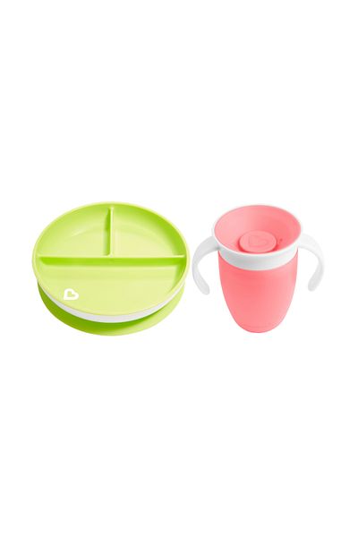 Munchkin 360 Training Cup - Fixed Vacuum Feeding Plate, Green & Pink 2 Pack
