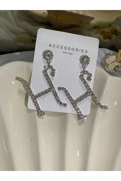 Furtek Aksesuar Women's Letter H Model Zircon Jewelled Dangle Diamond Silver Evening Dress Wedding Promise Henna Party Prom Earrings