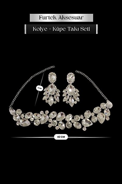 Furtek Aksesuar Kadın Zenite Kolye Küpe Model Kristal Zirkon Taşlı Gümüş Kapl...