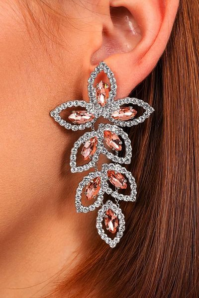 Furtek Aksesuar Women's Rose Necklace Leaf Model Silver Zircon Stone Diamond Long Evening Dress Wedding Engagement Party Earrings