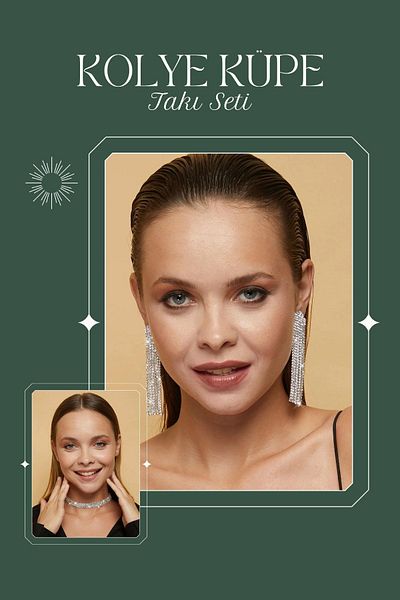 Furtek Aksesuar Women's Paula Model Stone Silver Diamond Waterway Necklace Earrings Evening Dress Wedding Engagement Henna Promise Bridal Jewelry Set
