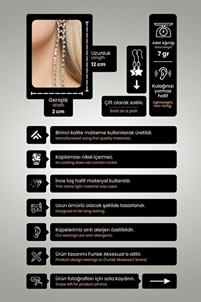 Furtek Aksesuar Kadın Birleşik Halkalı Saçaklı Sallantılı Model Zirkon Taşlı Uzun Gümüş Abiye Düğün Gelin Söz Küpe