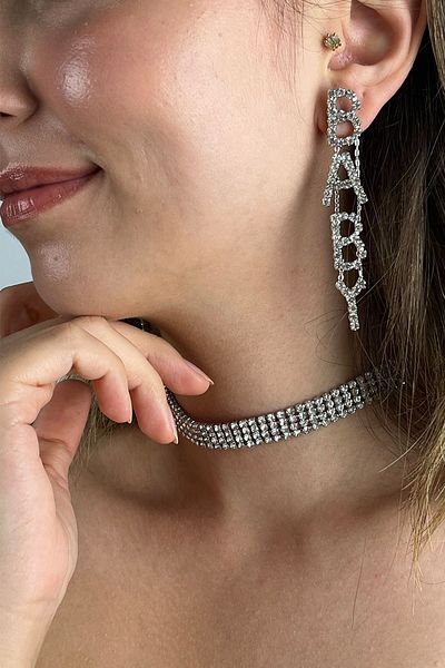 Furtek Aksesuar Women's Maya Model Stone Silver Diamond Waterway Necklace Earrings Evening Dress Wedding Engagement Henna Promise Bridal Jewelry Set