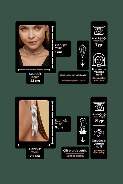 Furtek Aksesuar Women's Paula Model Stone Silver Diamond Waterway Necklace Earrings Evening Dress Wedding Engagement Henna Promise Bridal Jewelry Set