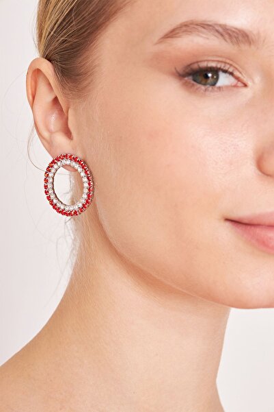 Furtek Aksesuar Kadın Onix Halka Model Kırmızı Beyaz Kristal Zirkon Taşlı Gümüş Kaplama Günlük Elbise Kombin Küpe