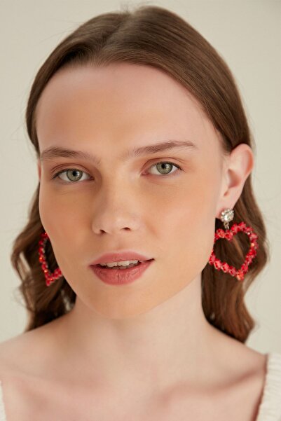 Furtek Aksesuar Kadın Kırmızı Kalp Model Sallantılı Kristal Zirkon Taşlı Günlük Küpe Abiye Elbise Parti Balo Sevgili