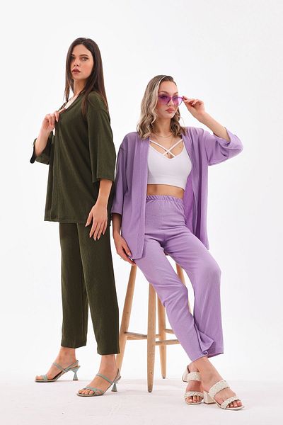 DEVRİMAY TEKSTİL Lilac Kimono Set - Wide Leg and Wrap Detail