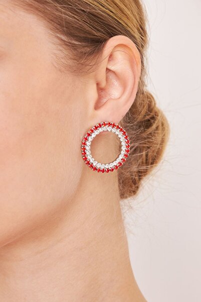 Furtek Aksesuar Kadın Onix Halka Model Kırmızı Beyaz Kristal Zirkon Taşlı Gümüş Kaplama Günlük Elbise Kombin Küpe