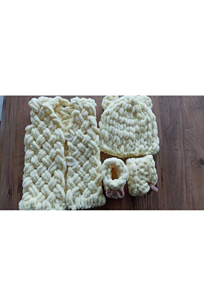 CROCHET DESİGN Yenidoğan Seti Battaniye Yelek Şapka Patik Soft Puffy Krem ren...