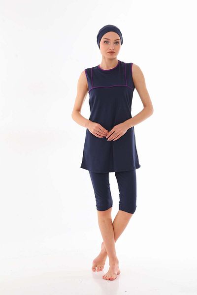 miss ledonna Costum de baie pentru femei cu mâneci zero, mov, în dungi, bleumarin