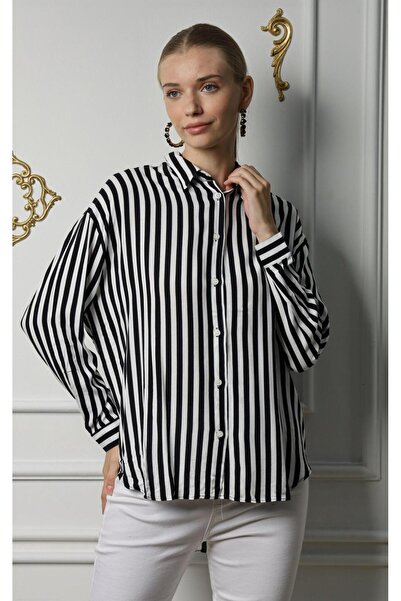 BUUFUU Cămașă de damă din viscoză - mânecă lungă, dungi și elegantă