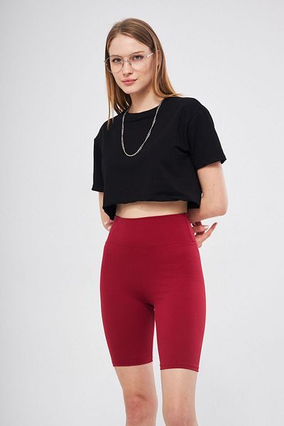 THIFF GYMWEAR Red High Waist Recovery Short Shorts Sports Ribbed Biker Leggings