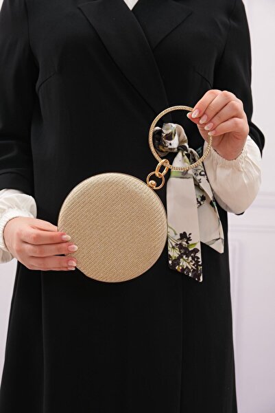 ROZA CANTA Geantă clutch rotundă pentru rochie de seară, cu sclipici auriu, p...