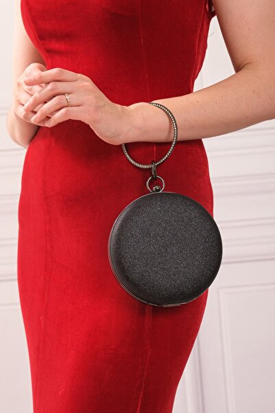 ROZA CANTA Geantă clutch rotundă pentru rochie de seară, neagră, GlitterSand