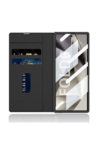 m.tk moveteck Samsung Galaxy Z Fold 6 Kılıf Kıpta Standlı S Pen Kalem Bölemli Yuvalı Kartlıklı Cüzdanlı Kadife 360