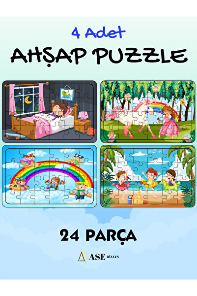 ASE DİZAYN Ahşap Çocuk puzlle 24 parça 4 set yapboz