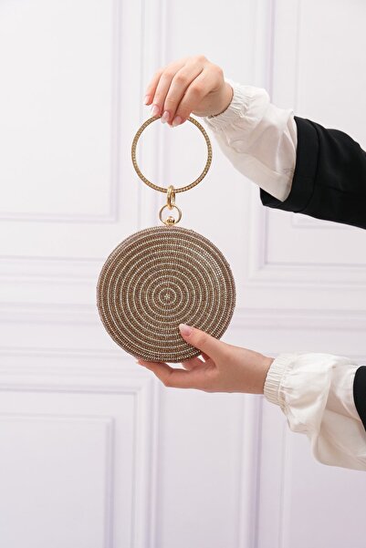 ROZA CANTA Στρογγυλή γυναικεία βραδινή τσάντα Clutch Clutch με χρυσή πέτρα