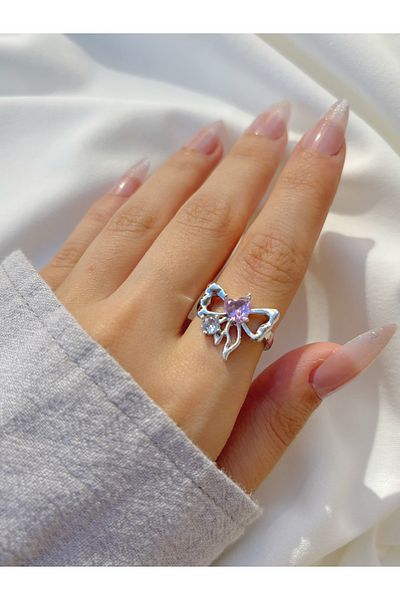Eylülün Takısı Silver Colored Pink-white Stone Detailed Women's Bow Ring