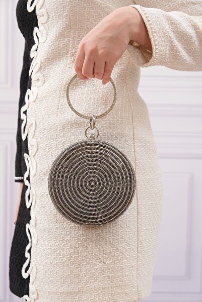 ROZA CANTA Antrasit Taşlı Yuvarlak Kadın Abiye Clutch Portföy Çantası