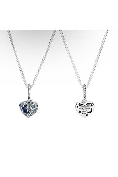 POSEİDONS JEWELLERY 925 Ayar Gümüş Işıltılı Mavi Ay Ve Yıldızlar Kalp Temalı ...