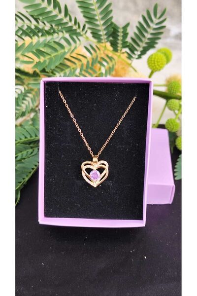 JUPİTER HOME Çelik Kalpli Kolye Mor Taşlı Gold Renkli Kadın Kolye 14 Şubat Se...