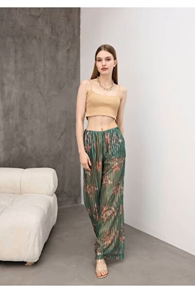 Yonga Moda Kadın Çiçek Desenli Astarlı Tül Pantolon